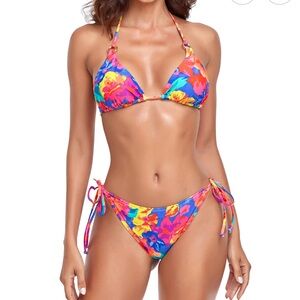Floral Bikini Set with Gold Metal Accent Rings - Multicolor Medium - NEVER WORN